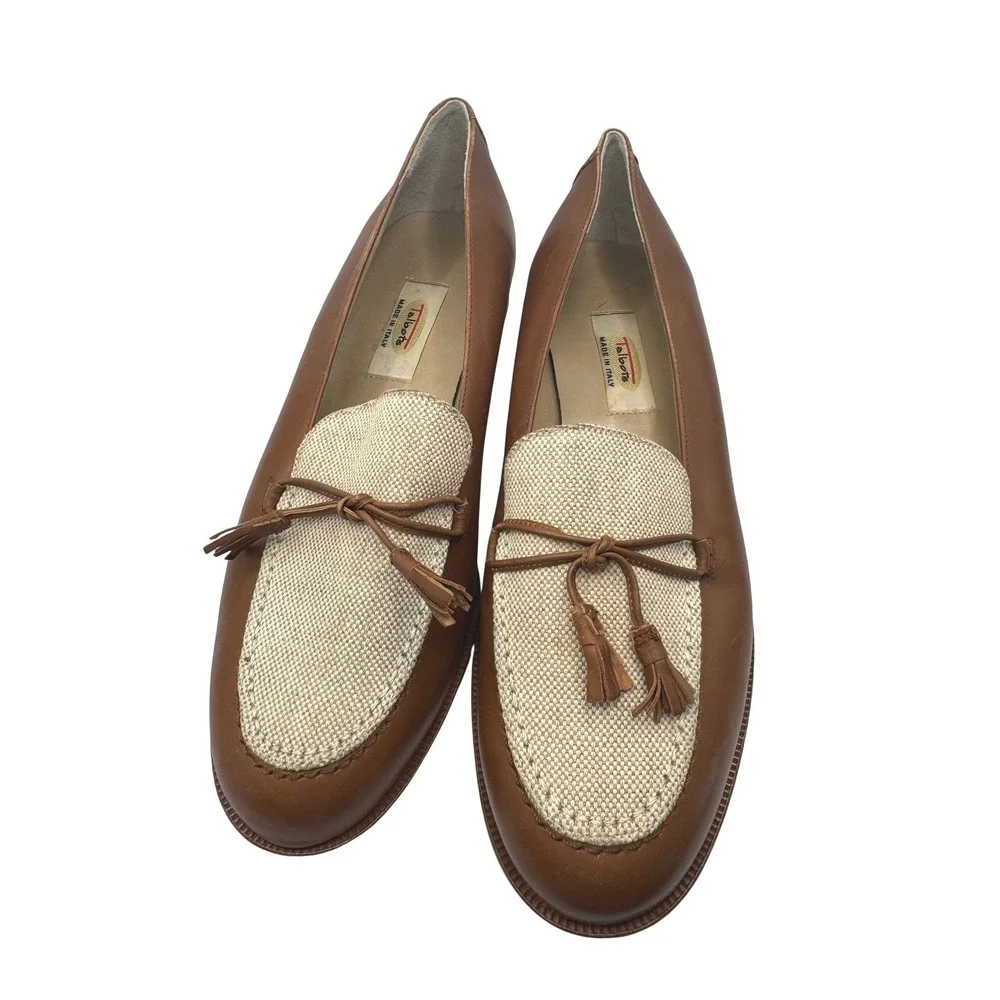 Talbots Womens 7.5W Brown Leather Canvas Tassel Loafers Made in Italy Vero Cuoio